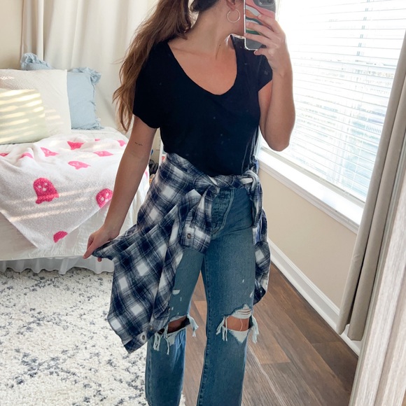 (maurices) navy blue & white long sleeve plaid button down top - Picture 6 of 9